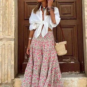 Pink Boho Women's Allover Print High Waist Wrap Around Wide Leg Pants